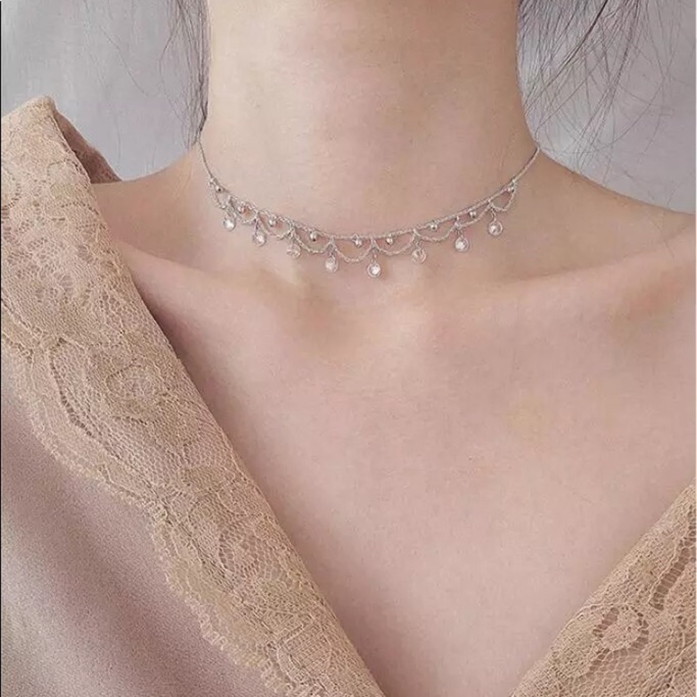 New Sterling Silver 925 Crystal Lace Choker adjustable Necklace
